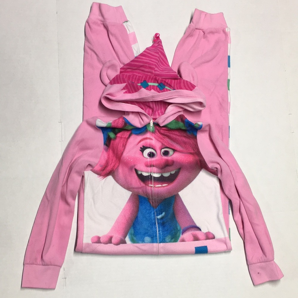 Girls Pink Trolls Poppi Character Zip Front Pajama Union-suit Hoodie 7/8